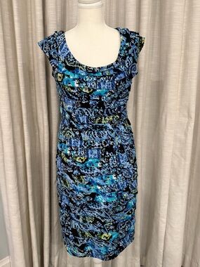 Adrianna Papell Blue and Black Abstract Cap-Sleeve Midi Dress